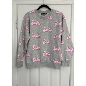 Barbie Logo Sweatshirt Women's Small All Over‎ Print Heather Gray Pink